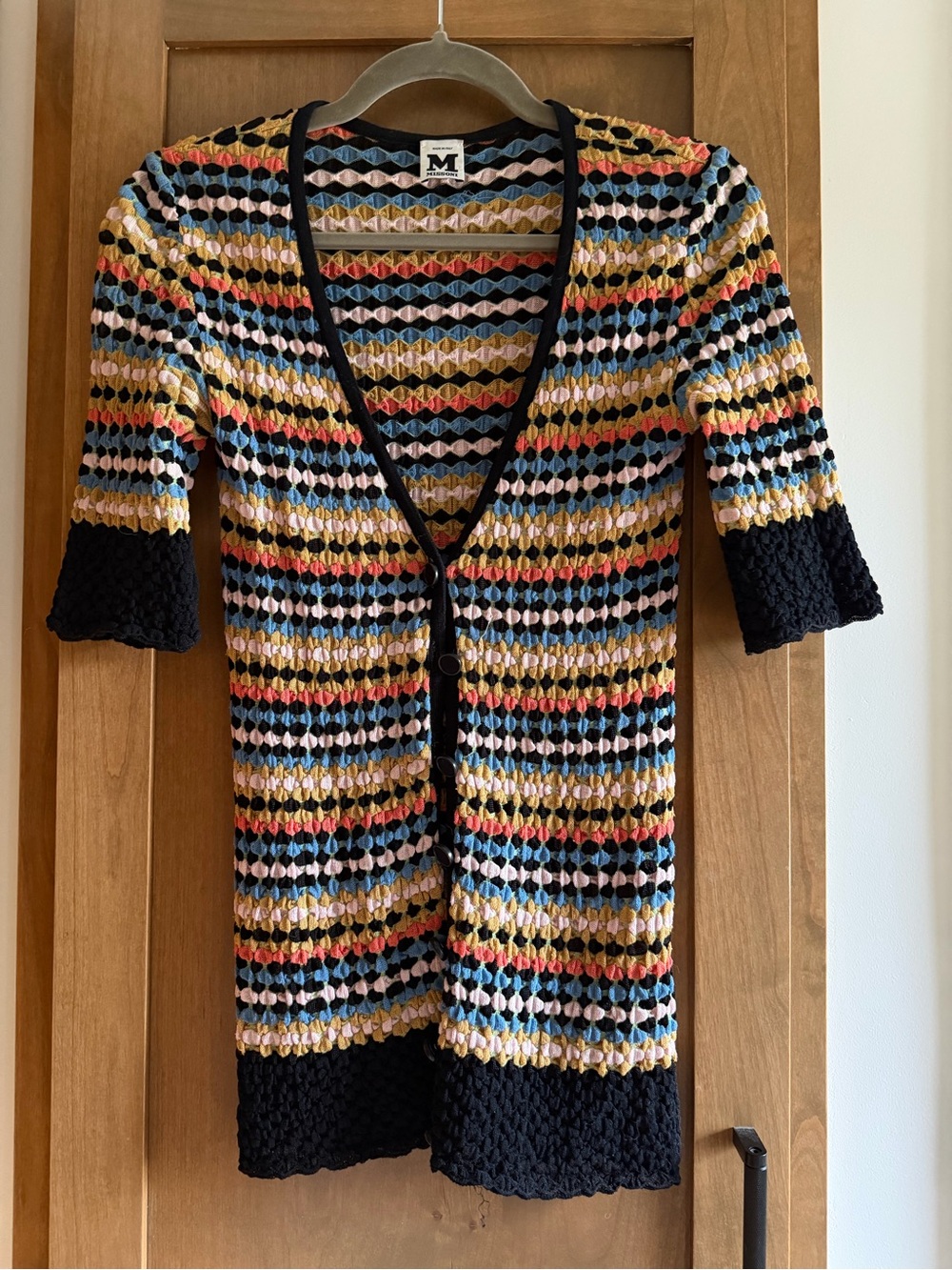 M by Missoni Multicolor Open-Knit V-Neck Cardigan with Black Trim